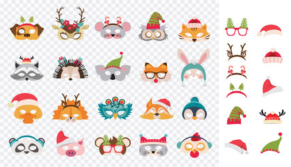 Collection of winter animal masks and Christmas photo booth props for kids. Cute cartoon masks and elements for a party. Christmas party banner template. vector illustration - obrazy, fototapety, plakaty