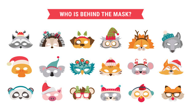 Collection of winter animal masks and Christmas photo booth props for kids. Cute cartoon masks and elements for a party. vector illustration