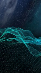 Abstract landscape on a dark background. Cyberspace grid. Hi-tech network. Outer space. Starry outer space texture. 3D illustration