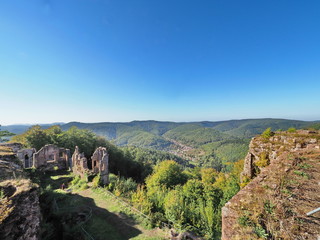 Fototapeta na wymiar Blick von Burgruine in den Pfälzer Wald - View from castle ruin in the Palatinate Forest