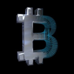 Bitcoin sign, platinum or silver turns into a blue grid on a black background. 3D illustration