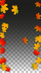 September Vector Background with Golden Falling Leaves. Autumn Illustration with Maple Red, Orange, Yellow Foliage. Isolated Leaf on Transparent Background. Bright Swirl. Suitable for Posters.