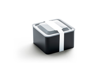 Blank black square disposable container with white rectangular label mockup, 3d rendering. Empty take away plastic tray mock up. Clear lunch box with package sticker template.