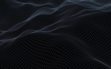 Abstract landscape on a dark background. Cyberspace blue grid. Hi-tech network. 3D illustration