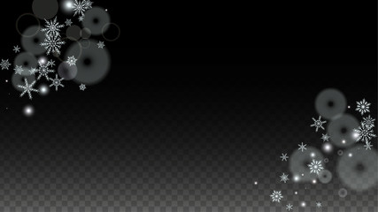 Christmas  Vector Background with White Falling Snowflakes Isolated on Transparent Background. Realistic Snow Sparkle Pattern. Snowfall Overlay Print. Winter Sky. Design for Party Invitation.