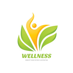 Wellness - vector business logo template concept illustration. Abstract human character and green leaves. Healthcare creative sign. Happiness icon. Graphic design element. 