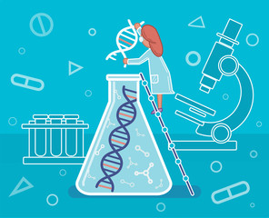 Genome sequencing, DNA, DNA research, scientist in the laboratory, medicine, illustration, vector.