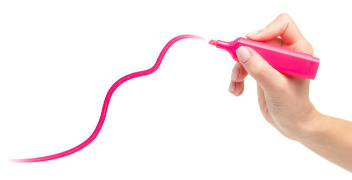 Pink marker in hand on white background. Isolation