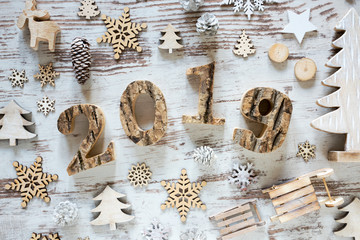 White Christmas Decoration With Text 2019, Rustic Wooden Background