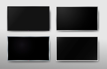 Fototapeta na wymiar Set of Modern TV screen. Display wide tv. Digital realistic black screen. 4k, LCD or LED tv screen. Vector illustration. Isolated on white background.