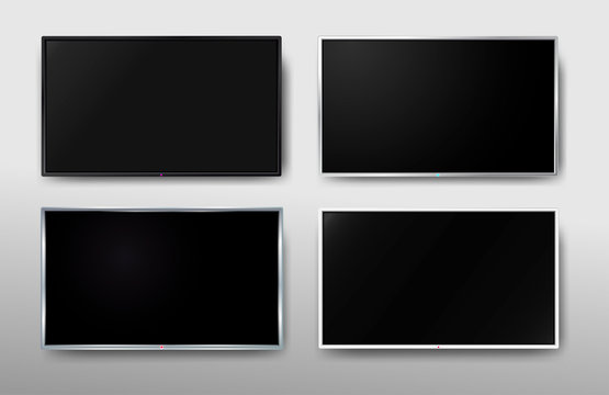 Set of Modern TV screen. Display wide tv. Digital realistic black screen. 4k, LCD or LED tv screen. Vector illustration. Isolated on white background.
