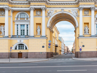 Arch of the historic Senate and Synod building on Senate Square in St. Petersburg, Russia