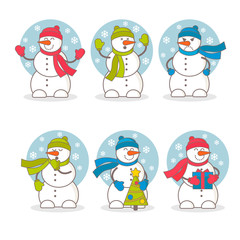 Set of vector colorful cute snowmen
