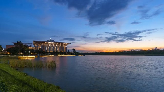 Sunset at Putrajaya Lake with The Steel Mosque, Putrajaya. Time lapse