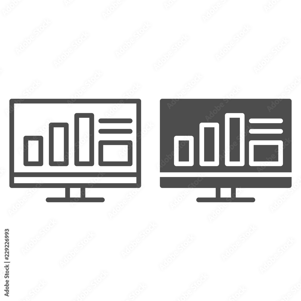 Poster monitor with graph line and glyph icon. computer with chart vector illustration isolated on white. i
