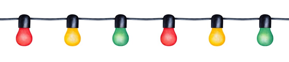 Seamless garland of decorative festive lights. Hand drawn watercolour graphic painting on white, cutout clip art element for design, prints, decoration. Front view  red, yellow, green multi coloured. © Julija