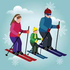 Isometric isolated happy family skiing. Cross country skiing, winter sport. Olimpic games, recreation lifestyle, activity speed extreme