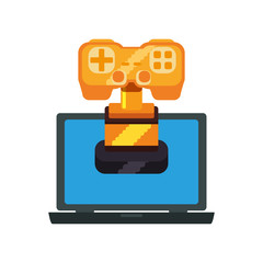 trophy award with video game control and laptop