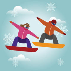 Isometric isolated vector man and woman snowboarder. Urban style and hot tricks in park. Snowboarding, winter sport. Olimpic games, recreation lifestyle, activity speed extreme