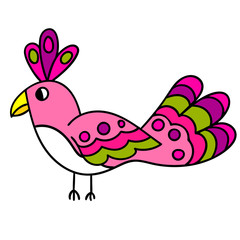 Pink cartoon bird isolated on white background. Vector illustration.