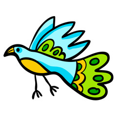 Cartoon blue flying bird isolated on white background. Vector illustration.