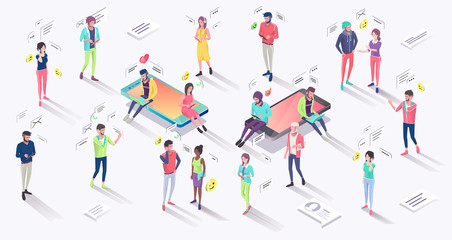 Isometric concept with mobile phone, people and push notification. - 229228589
