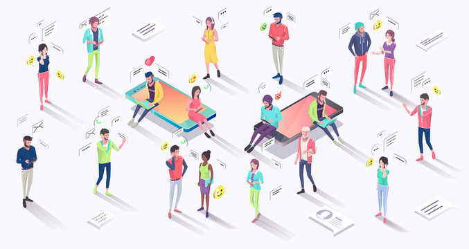 Isometric concept with mobile phone, people and push notification.