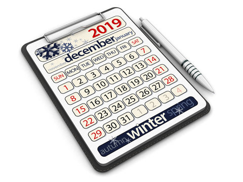 Clipboard with December 2019. Image with clipping path