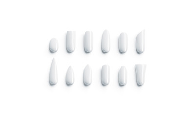 Blank white artificial nails shape type mockup set, top view, 3d rendering. Empty fake fingernail mock up, isolated. Clear woman manicure different types. Unnaturally correction form.