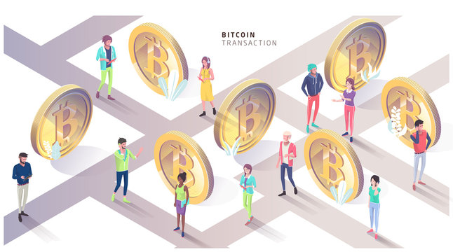 Isometric concept with bitcoins and people. City of bitcoin.
