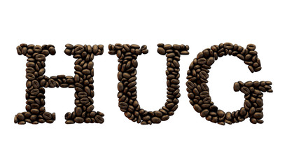 Hug word made from coffee bean font. 3D Rendering