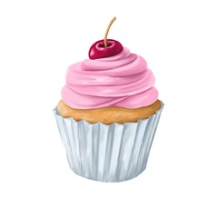 Hand drawn cupcake with cherry isolated on white background. Food dessert illustration.
