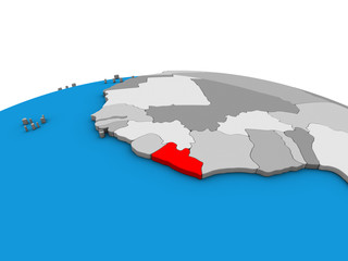 Liberia on political 3D globe.