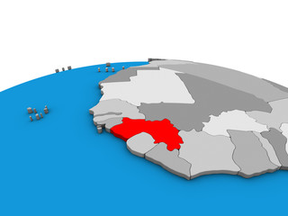 Guinea on political 3D globe.