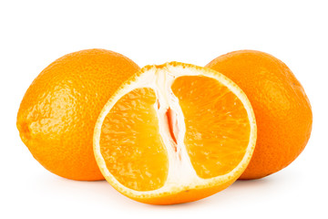 Ripe tangerines and half on a white background. Isolated.