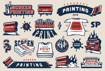 Vintage colorful screen printing elements set