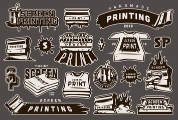 Vintage monochrome screen printing elements set