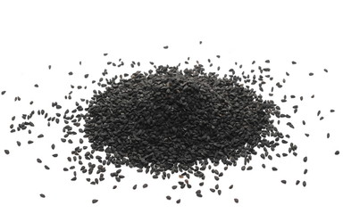 Pile of black cumin seeds isolated on white background
