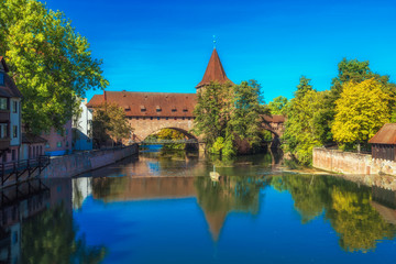 Fototapeta na wymiar The riverside of Pegnitz river in Nuremberg