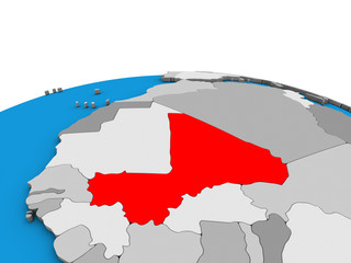 Mali on political 3D globe.