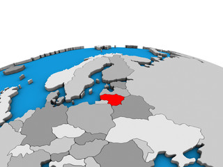 Lithuania on political 3D globe.
