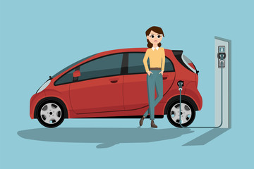 Woman charges an electric car at a charging station. Vector illustration