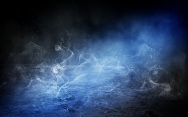 background of empty room at night, concrete floors and walls, neon light, fog, smoke, smog