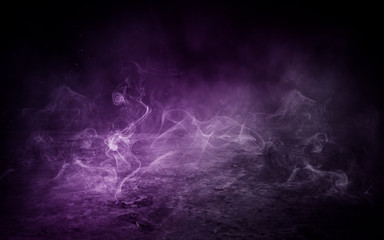 background of empty room at night, concrete floors and walls, neon light, fog, smoke, smog