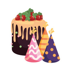 celebration birthday cake and party hats