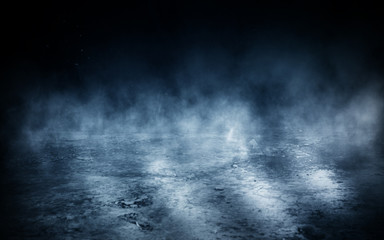 background of empty room at night, concrete floors and walls, neon light, fog, smoke, smog