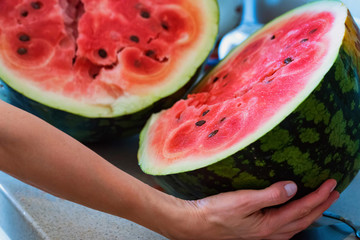 Ripe juicy watermelon cut in halves close