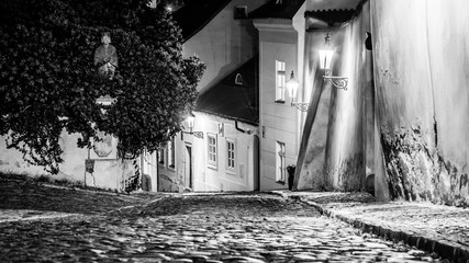 Narrow cobbled street in old medieval town with illuminated houses by vintage street lamps, Novy svet, Prague, Czech Republic. Night shot