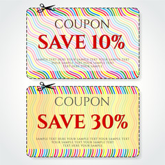 Discount Coupon, Voucher vector. Stripe background template with colorful, rainbow line pattern. Save money tag 10 off, 30 off. Promo voucher design