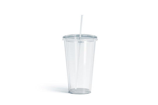 Blank white transparent acrylic tumbler with straw mockup, isolated, 3d rendering. Empty cup with tube mock up. Clear take away container for drink. Plastic traveler mug for beverage template.